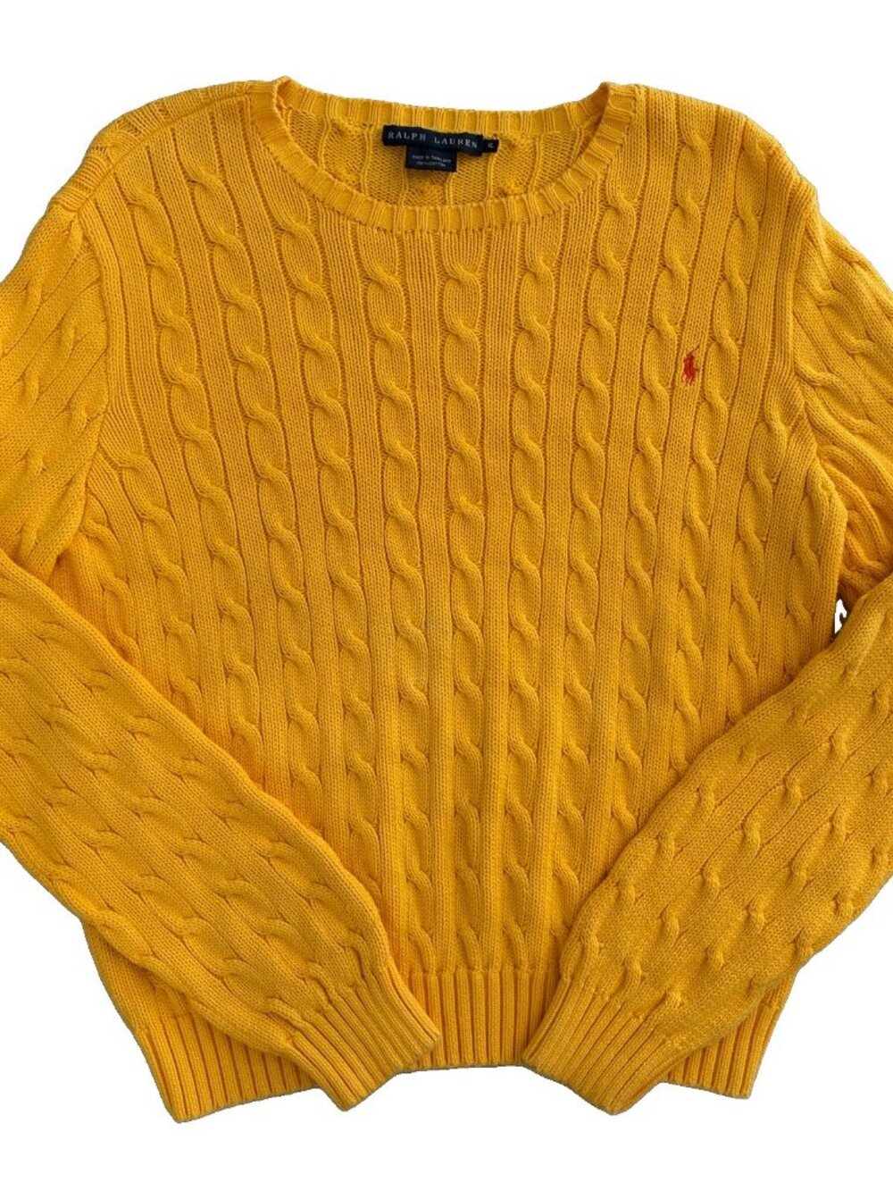 Ralph Lauren Women's XL Yellow Cable Knit Crewneck Pullover Sweater 100% Cotton